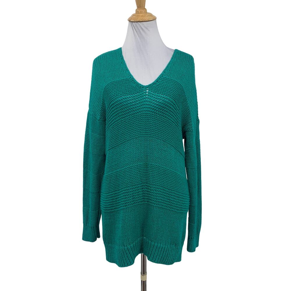 Tommy Bahama Sweater Womens L Large Teal Cotton Blend Open Knit V Neck Pullover